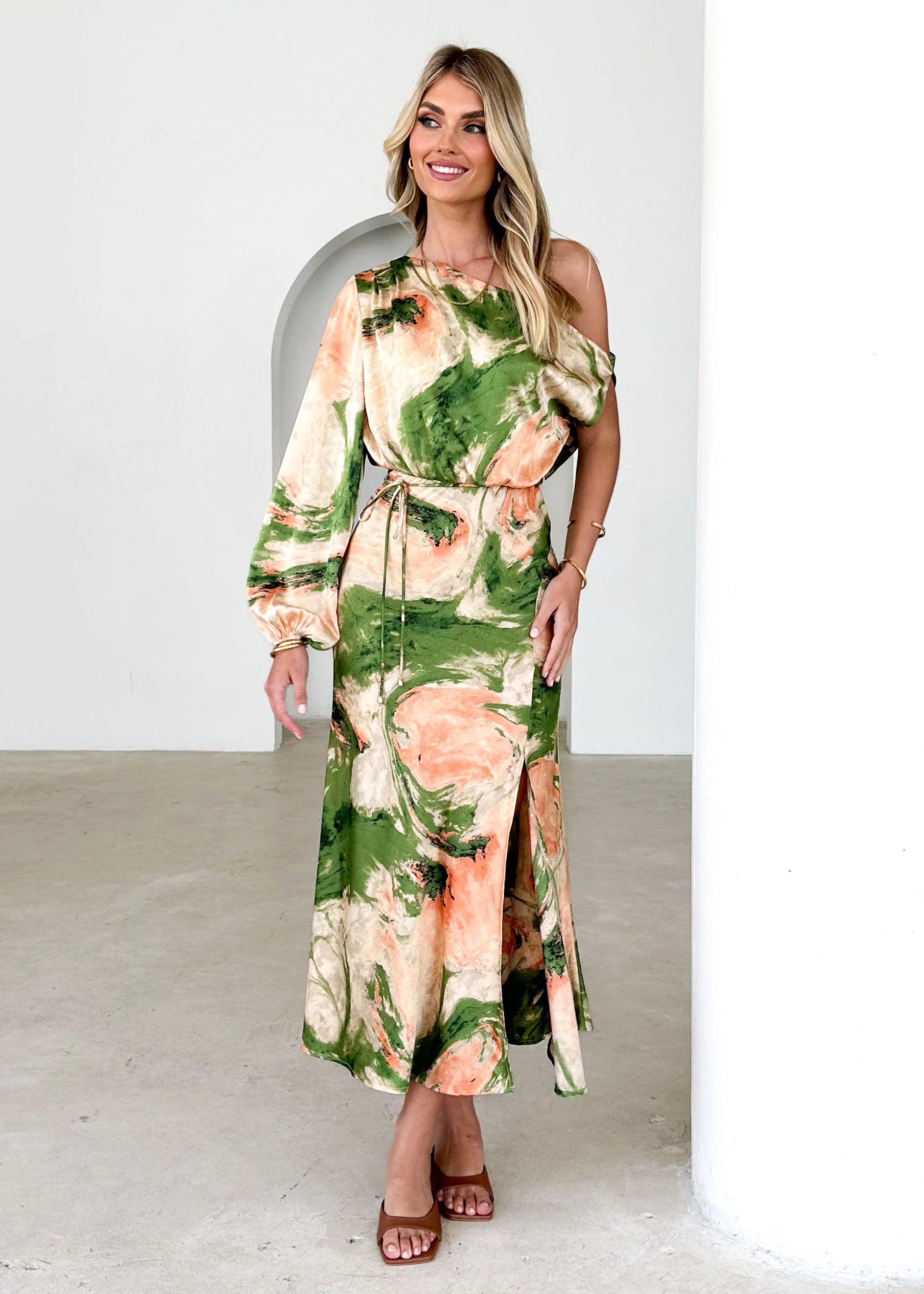 Elanor One Shoulder Midi Dress - Green Splash