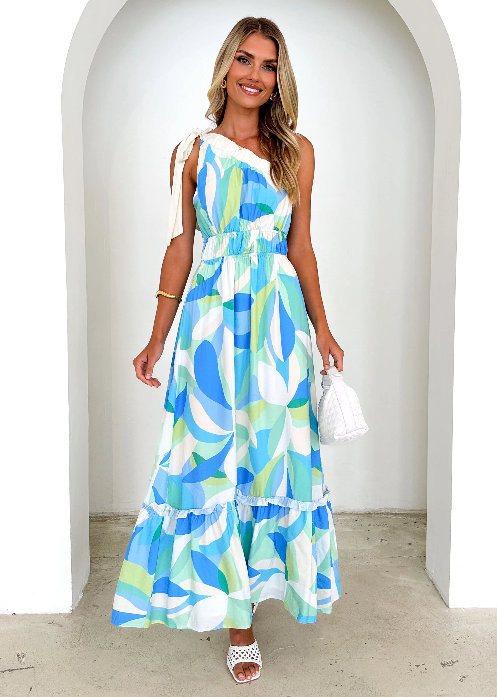 Rainfall One Shoulder Maxi Dress - Blue Abstract