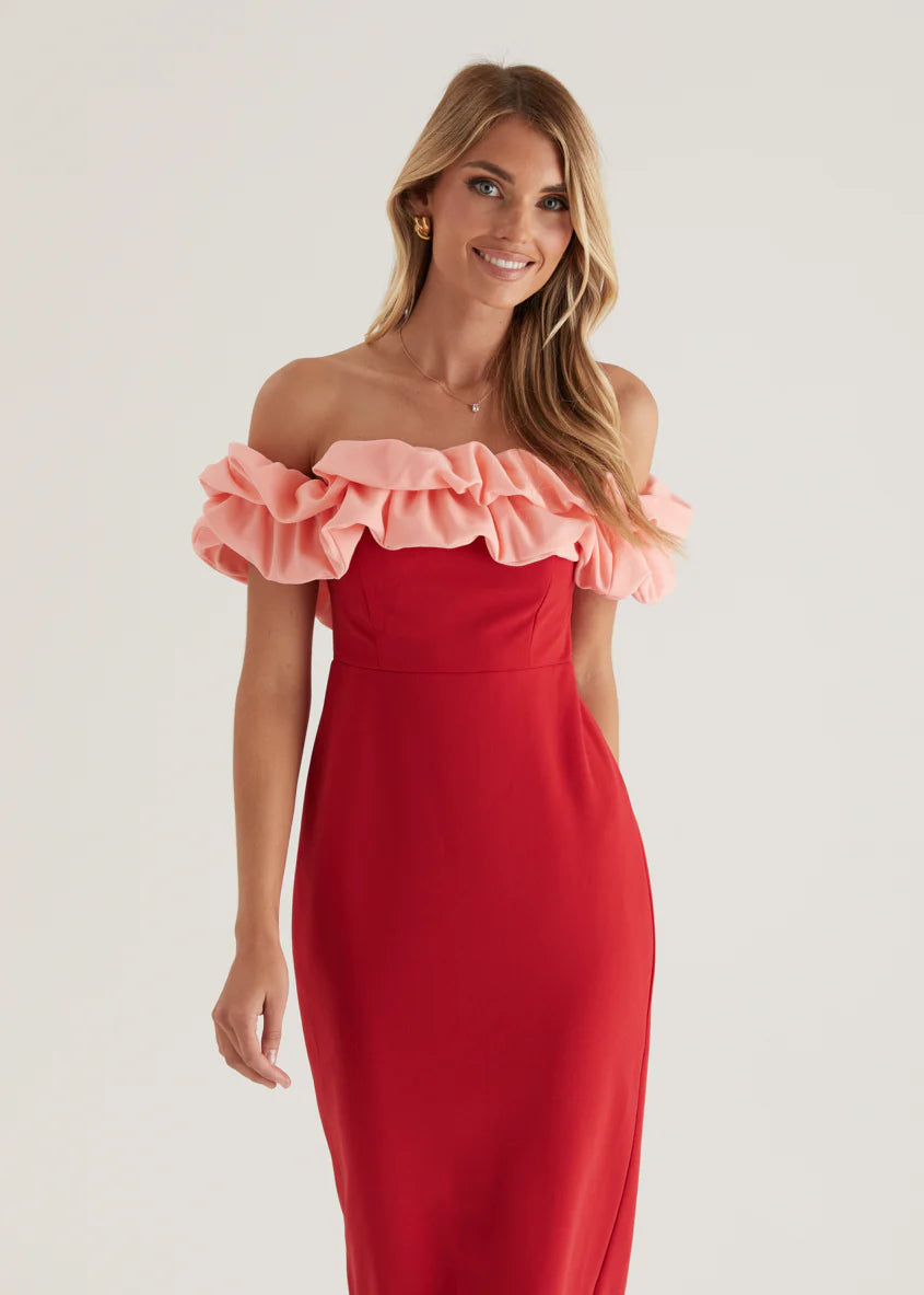 Ashlynn Off Shoulder Midi Dress - Cherry Splice