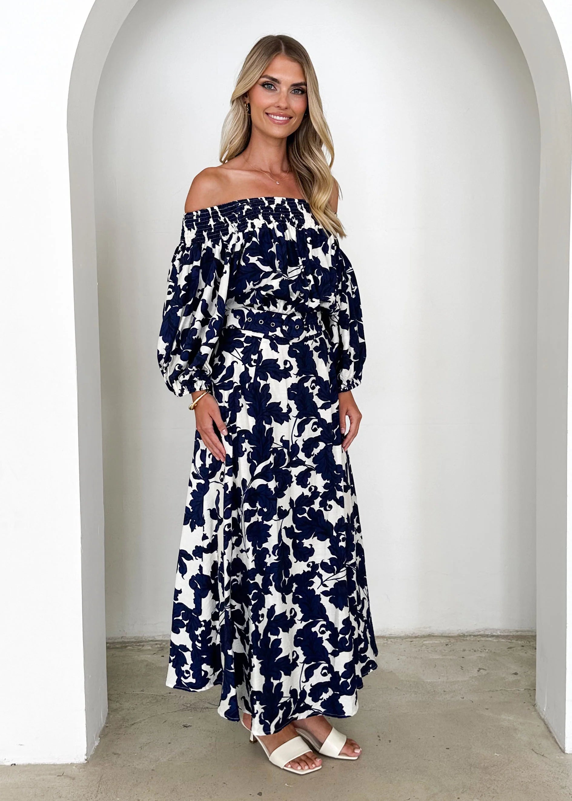 Talu Off Shoulder Midi Dress - Navy Paisley