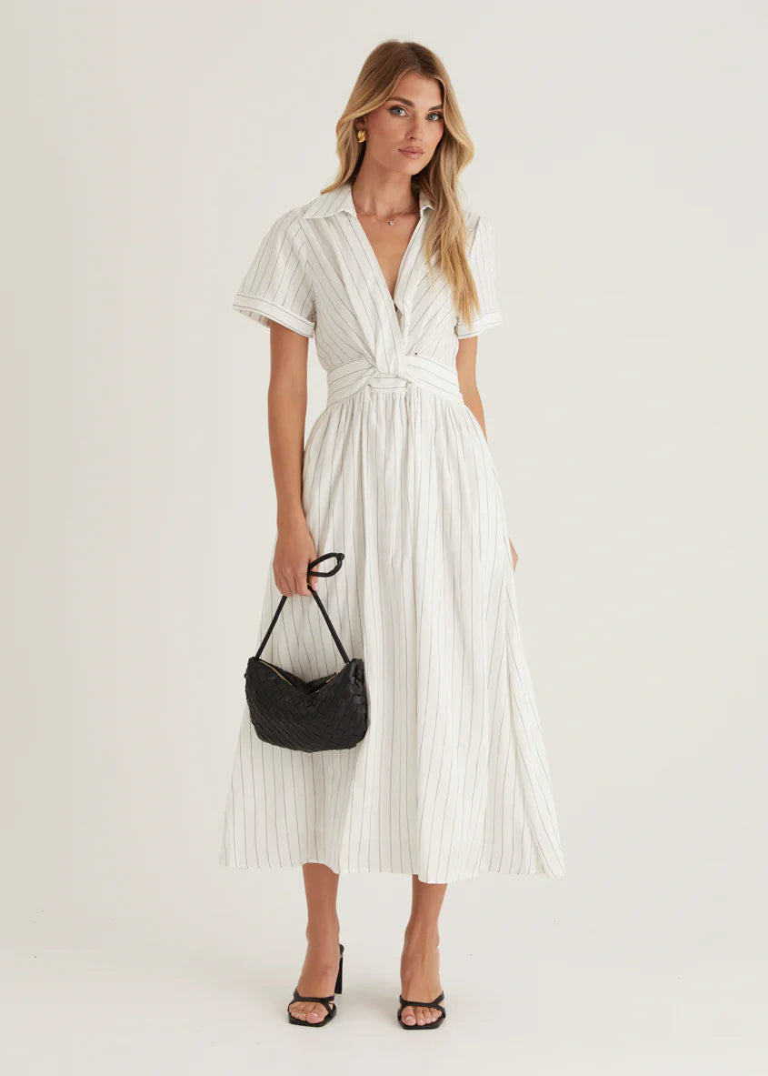 Santana Midi Dress - White Pinstripe