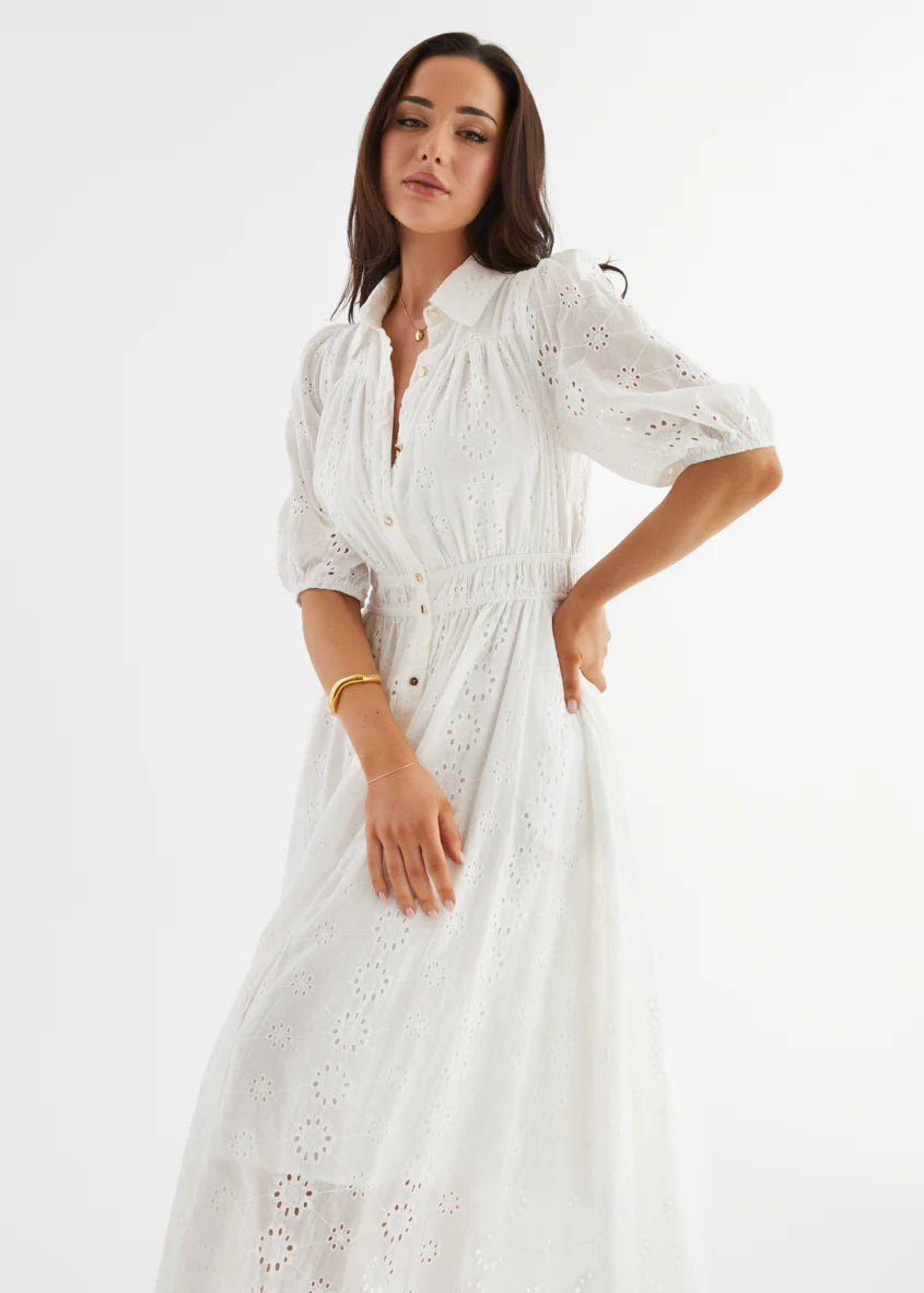 Eryn Midi Dress - White Anglaise