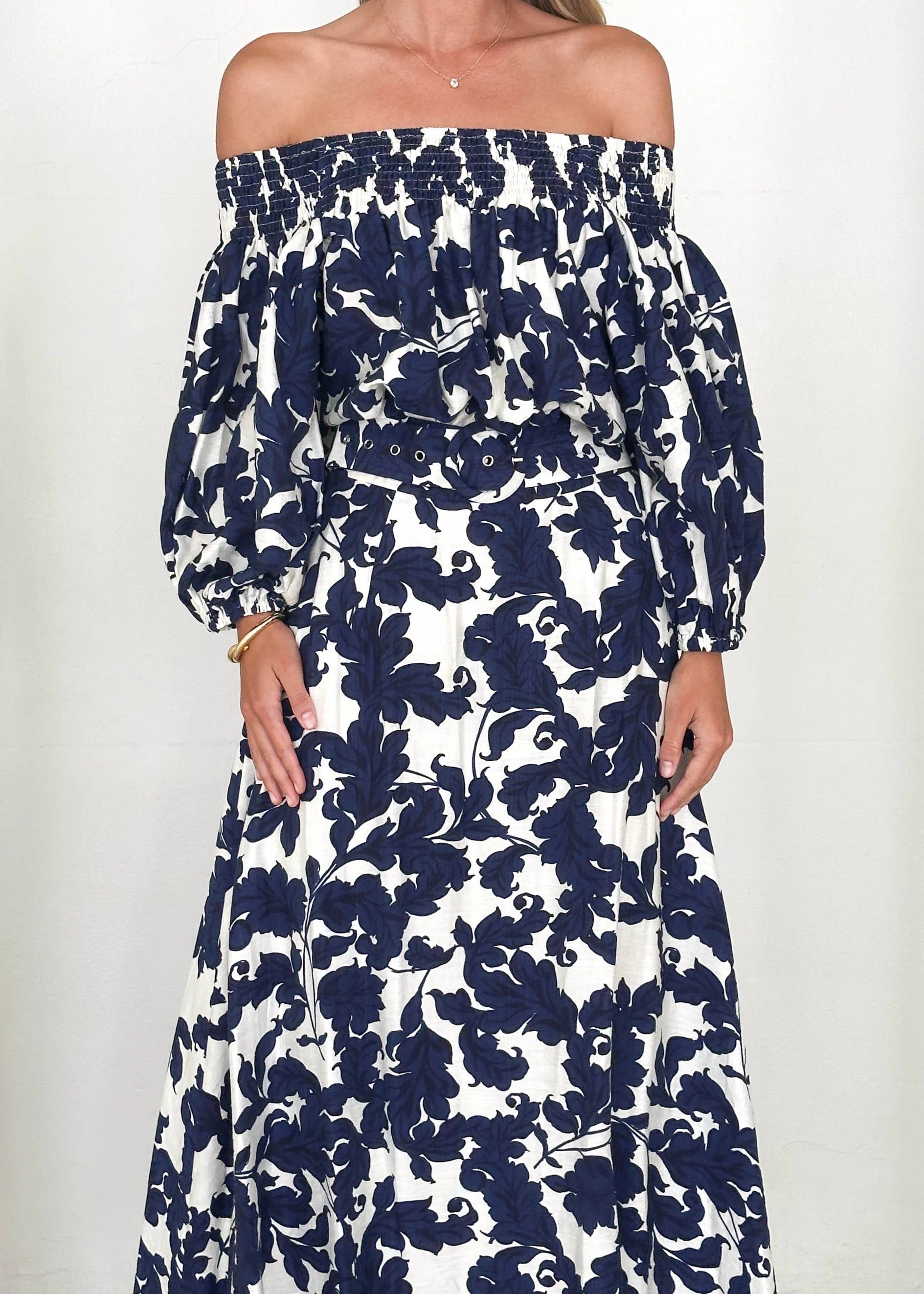 Talu Off Shoulder Midi Dress - Navy Paisley