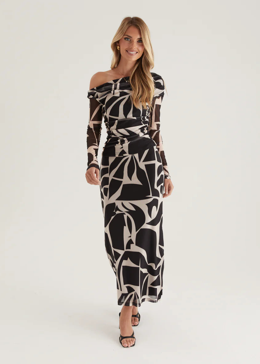 Mimi Mesh Maxi Skirt - Black Abstract