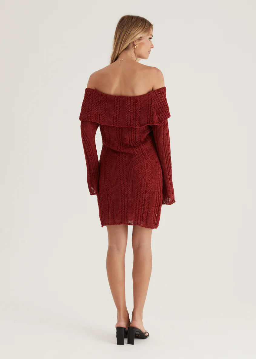 Luna Off Shoulder Knit Dress - Maroon