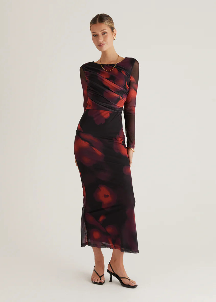 Ashville Mesh Maxi Dress - Black Watercolour