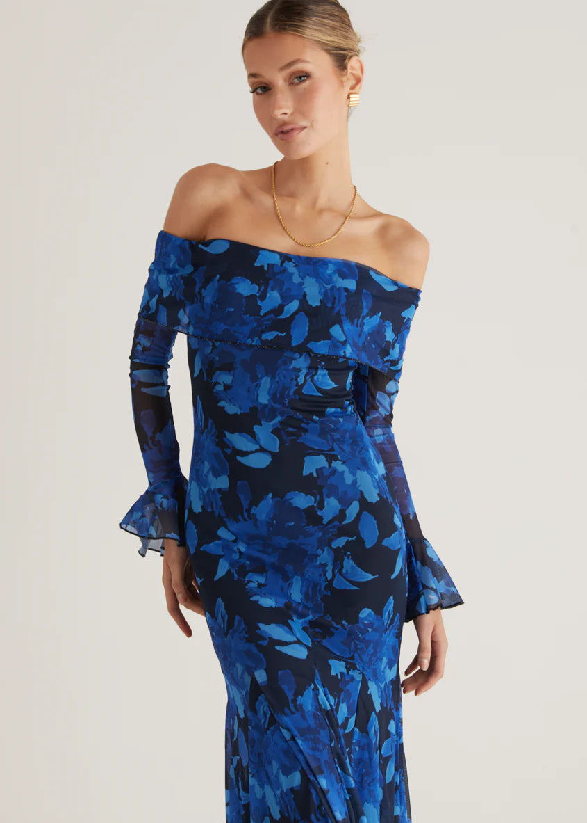 Linier Off Shoulder Mesh  Maxi Dress - Blue Floral