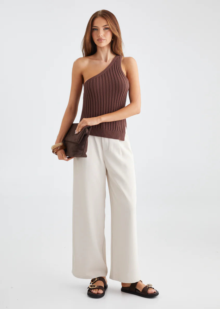 Natalee One Shoulder Knit Top - Chocolate