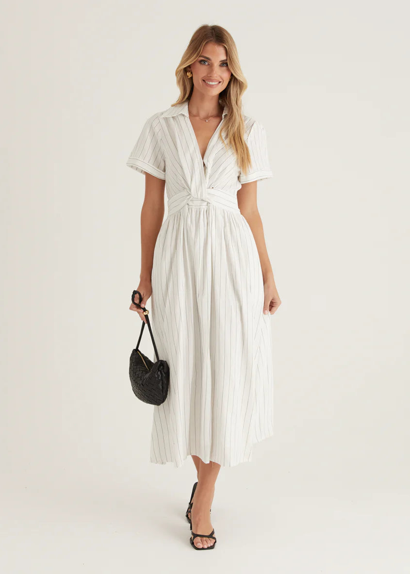 Santana Midi Dress - White Pinstripe