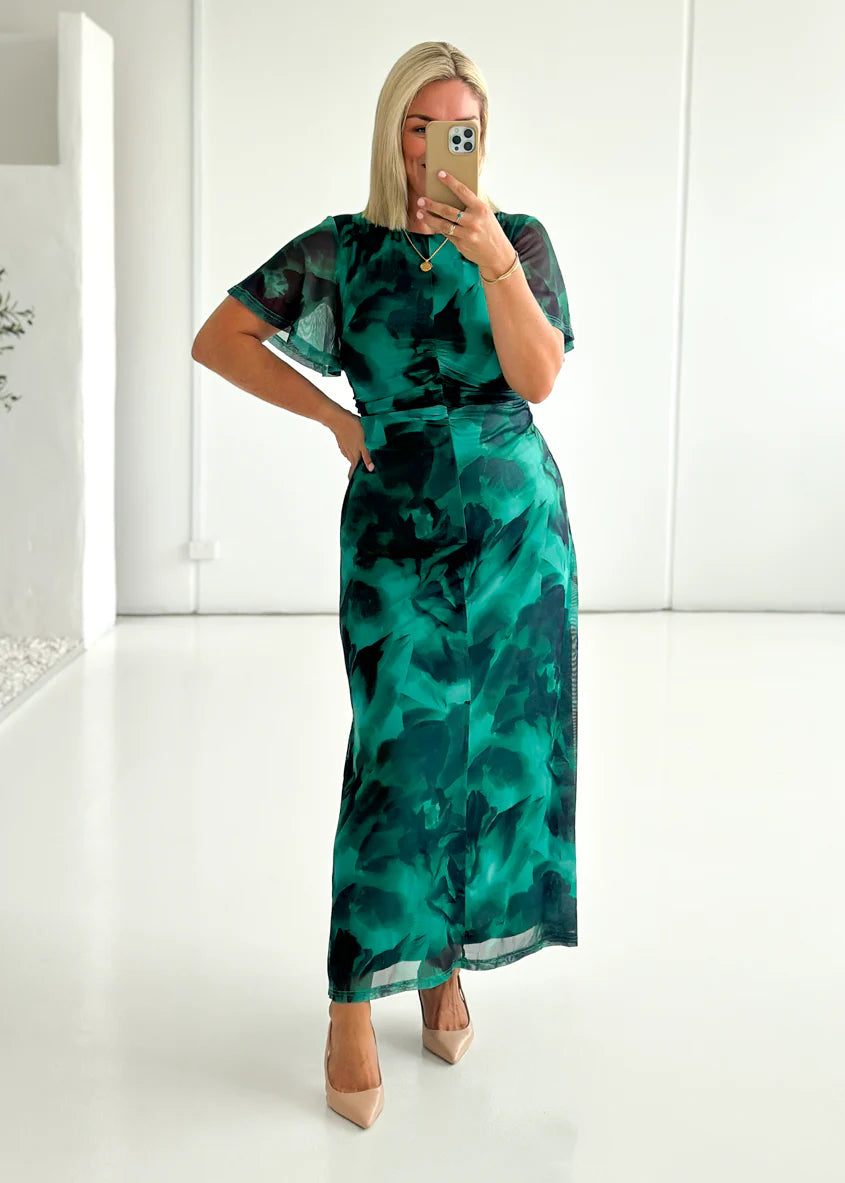 Ricki Mesh Midi Dress - Emerald Watercolour