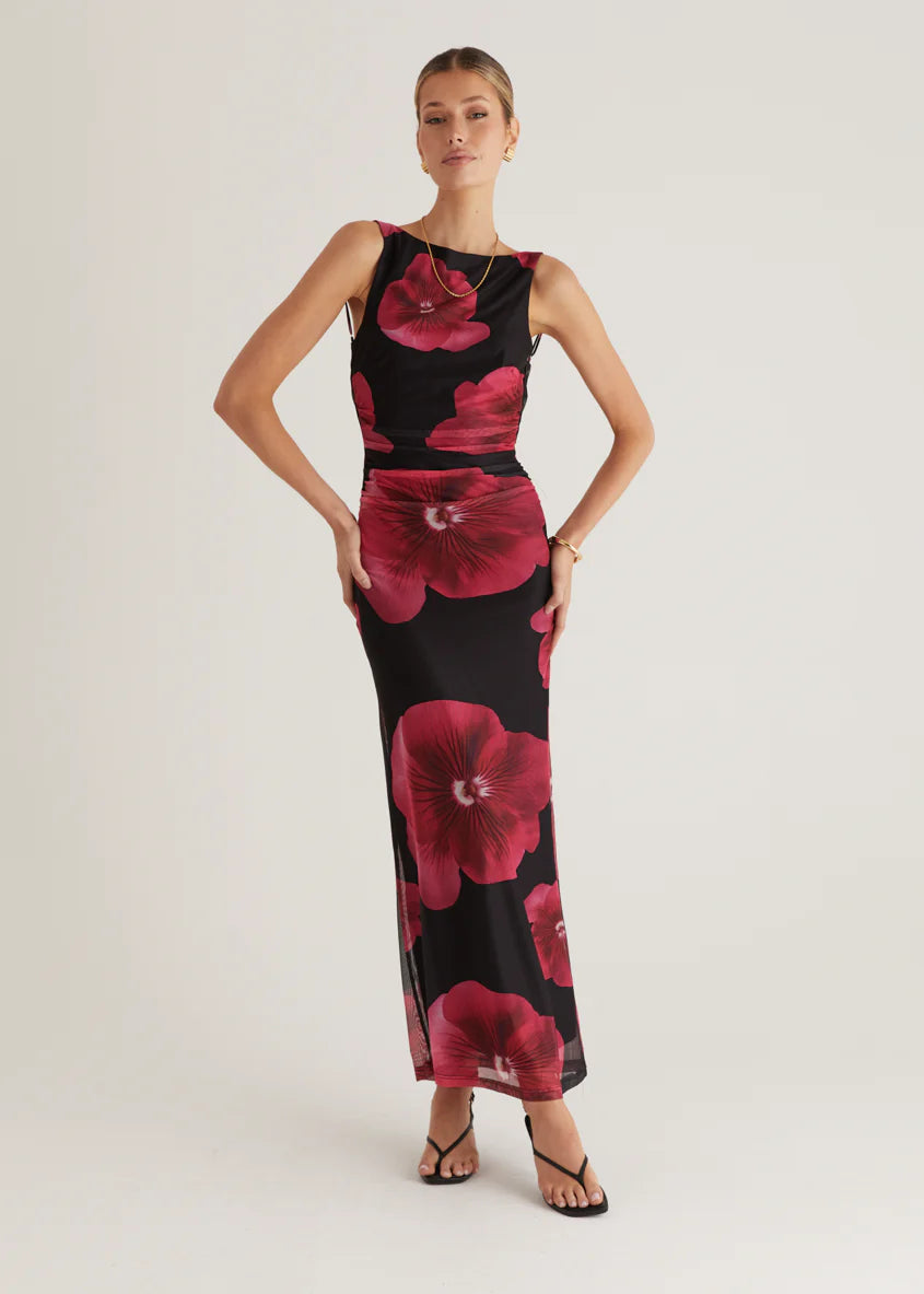 Rivka Mesh Maxi Dress - Black Floral