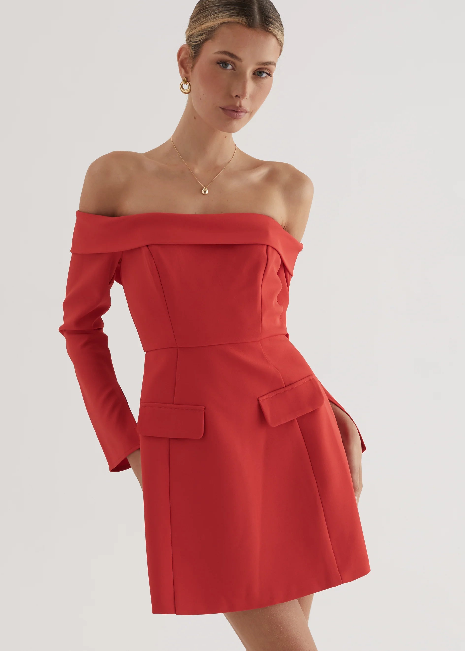 Santiago Off Shoulder Dress - Red