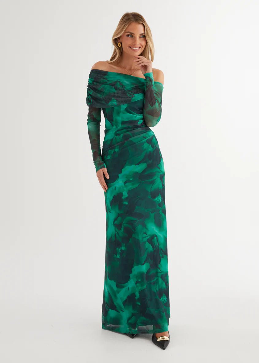 Nix Off Shoulder Maxi Dress - Emerald Watercolour