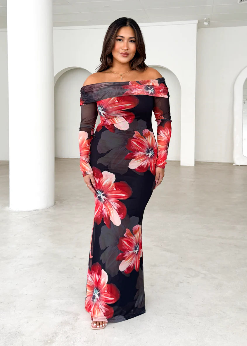 Sienna Mesh Off Shoulder Maxi Dress - Red Floral