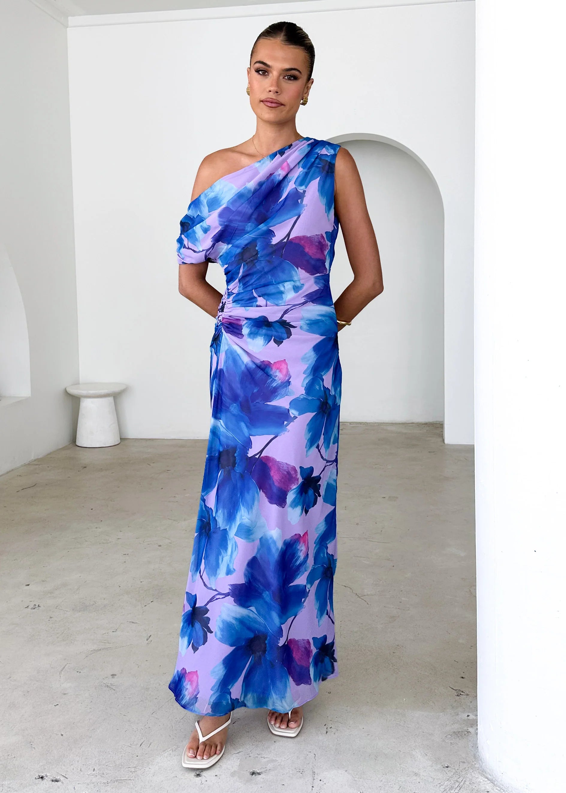Byron One Shoulder Maxi Dress - Blue Flowers