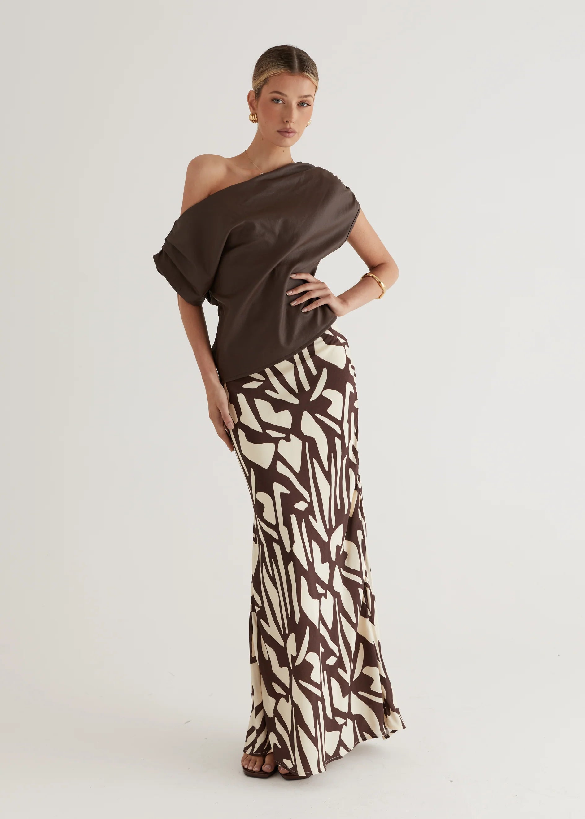 Inka One Shoulder Coated Top - Chocolate