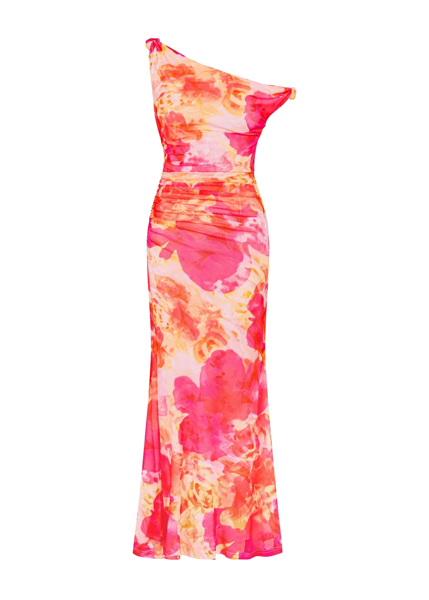 Ziah One Shoulder Mesh Maxi Dress - Magenta Abstract