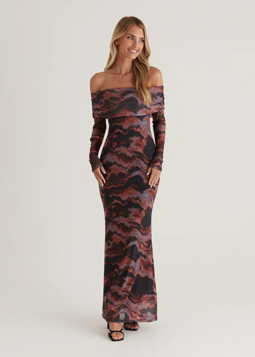 Sienna Mesh Off Shoulder Maxi Dress - Black Tie Dye