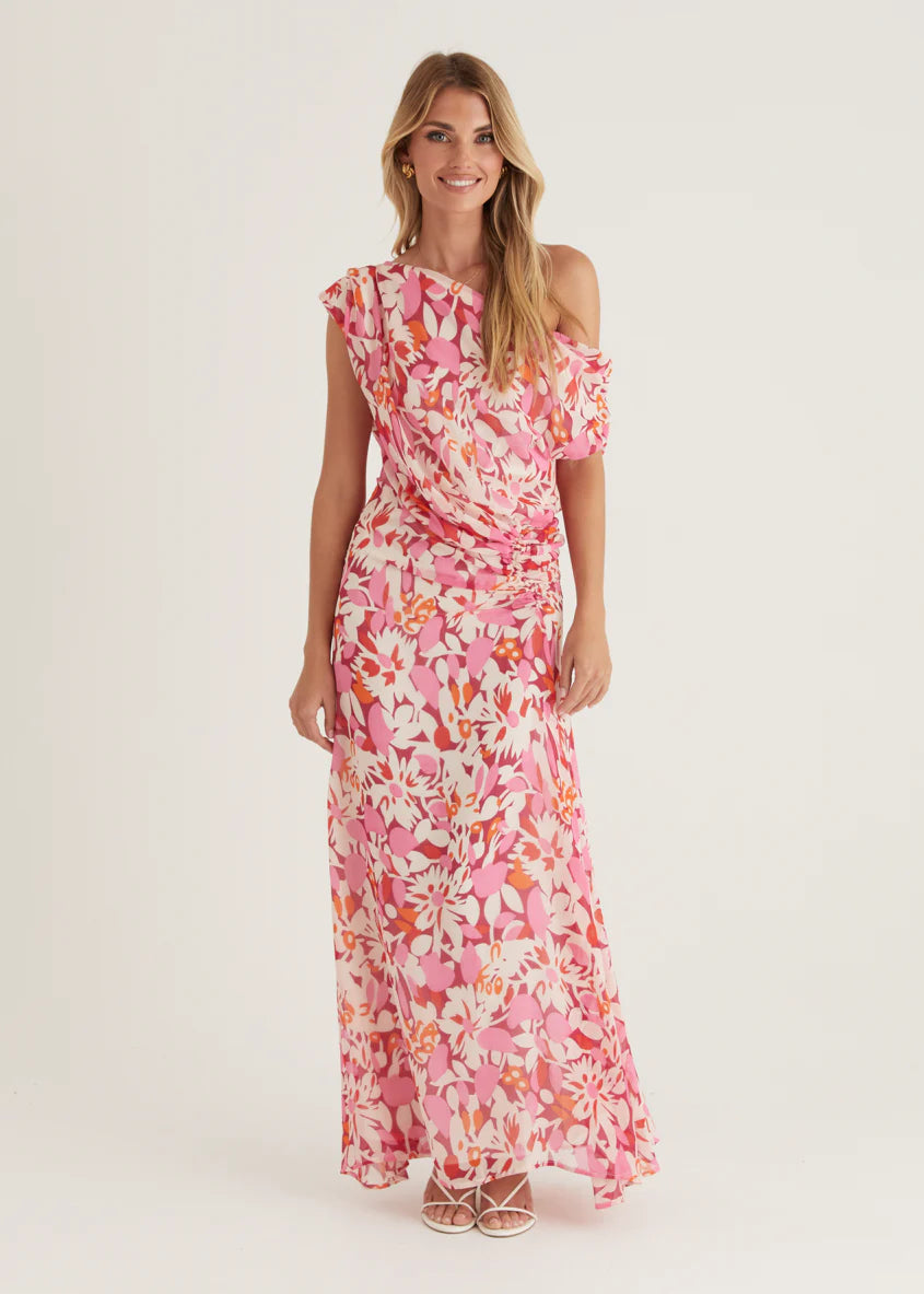 Helix Off Shoulder Midi Dress - Rio Pink