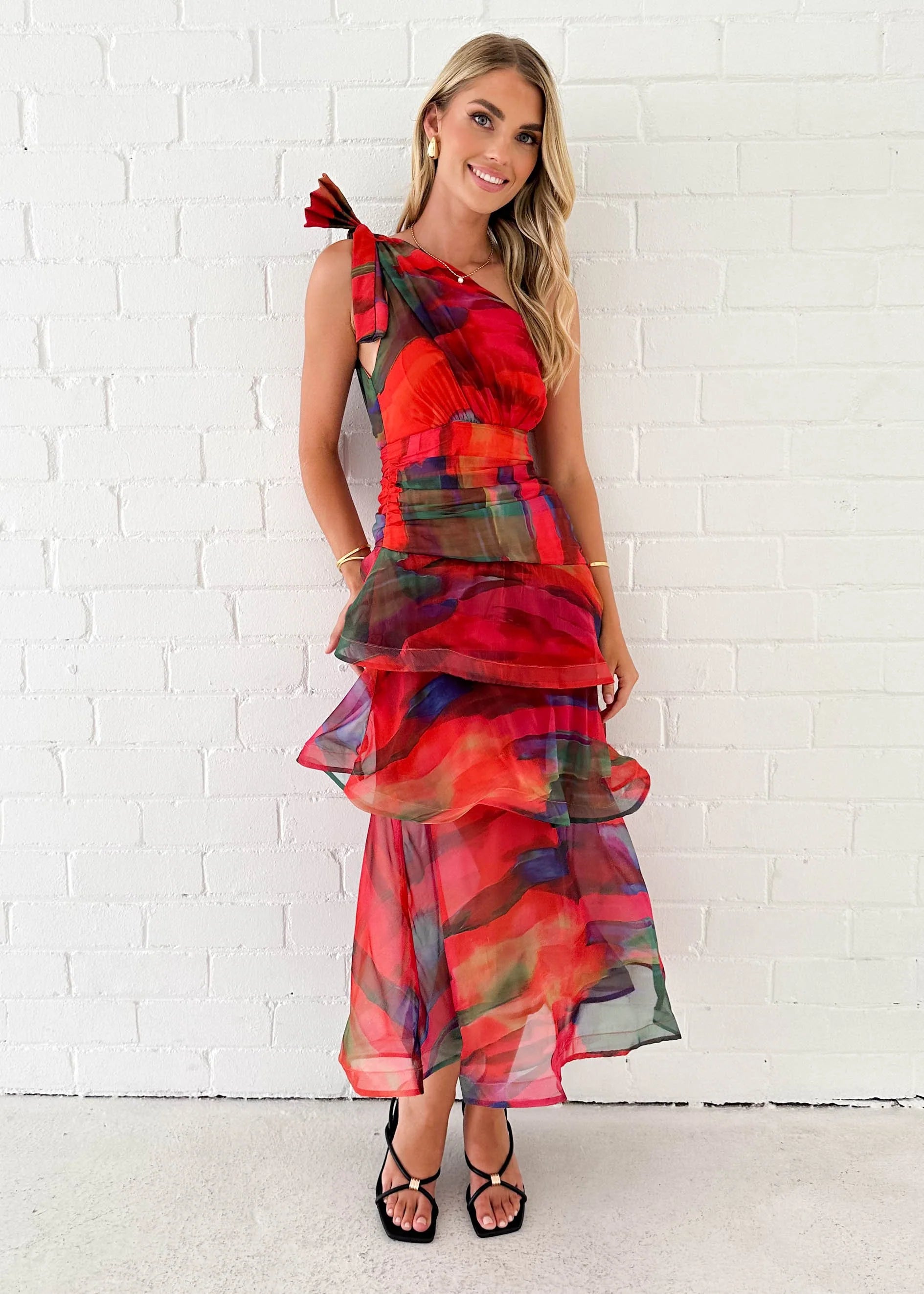 Bailee One Shoulder Midi Dress - Sangria