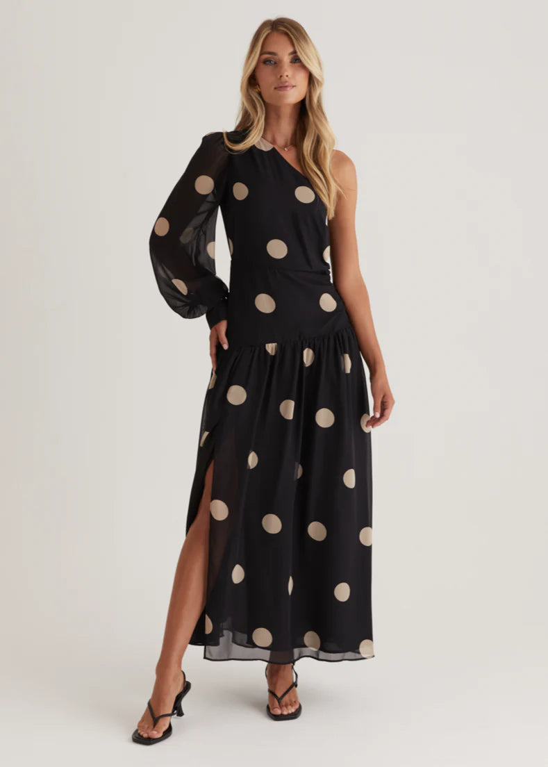 Ella One Shoulder Maxi Dress - Black Polka