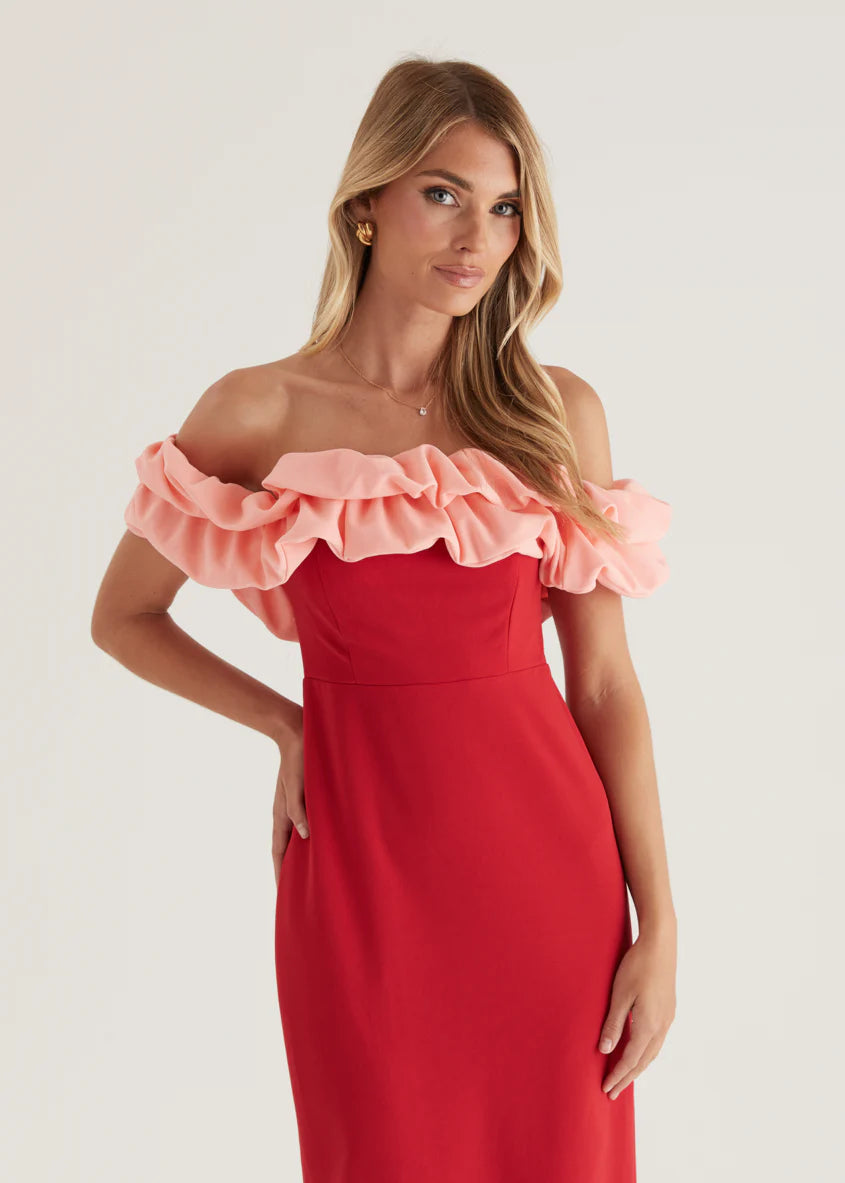 Ashlynn Off Shoulder Midi Dress - Cherry Splice