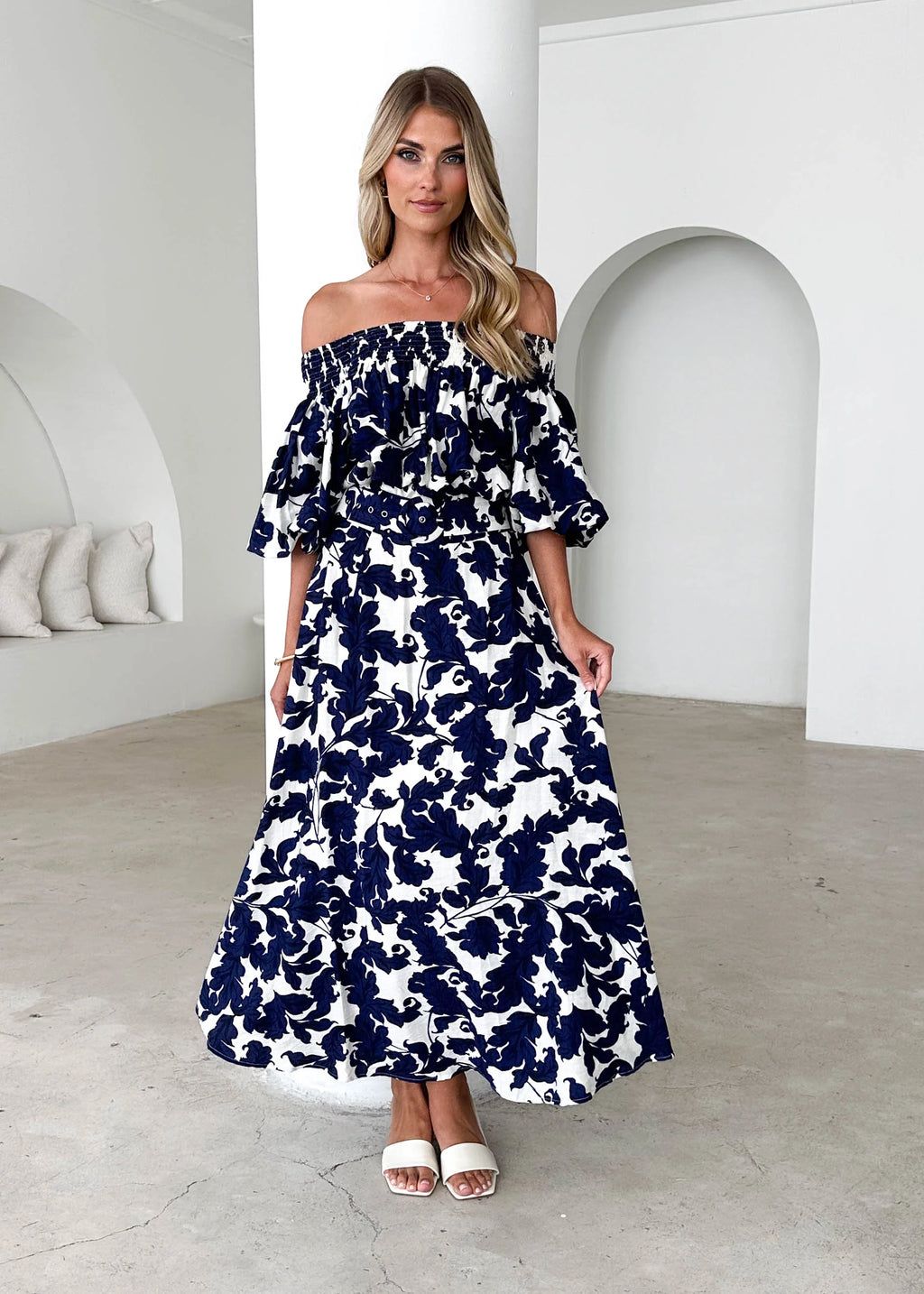 Talu Off Shoulder Midi Dress - Navy Paisley