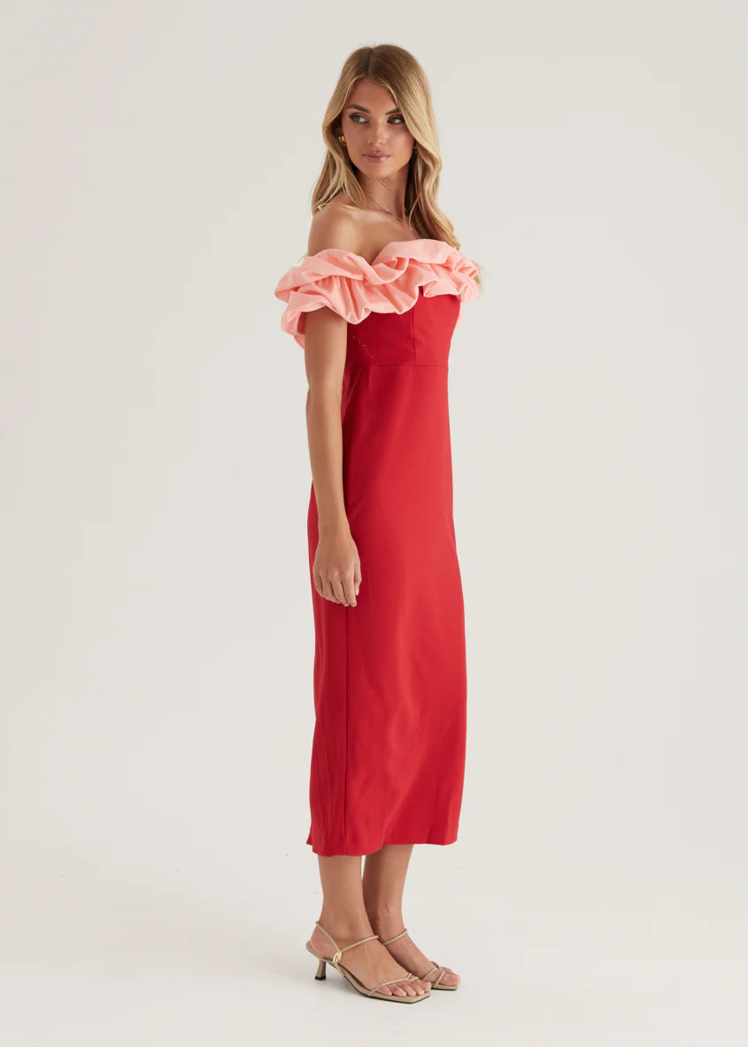 Ashlynn Off Shoulder Midi Dress - Cherry Splice