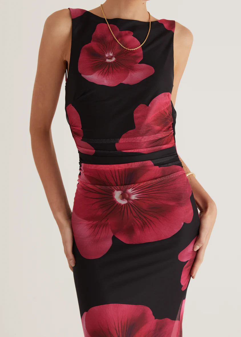 Rivka Mesh Maxi Dress - Black Floral