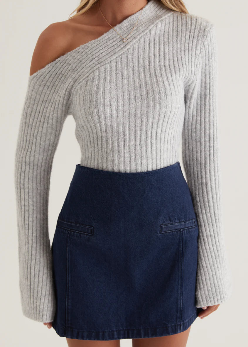 Lily One Shoulder Knit Top - Grey