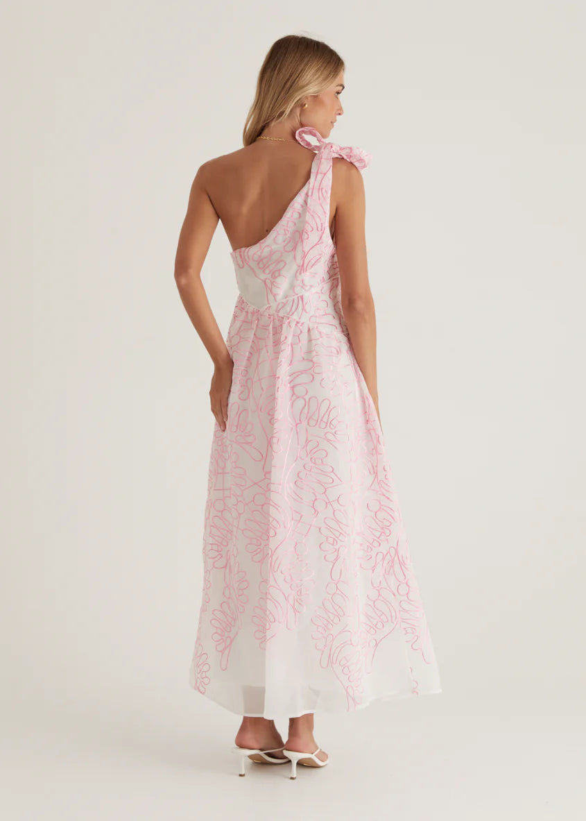 Amalfi One Shoulder Midi Dress - Pink Embroidered
