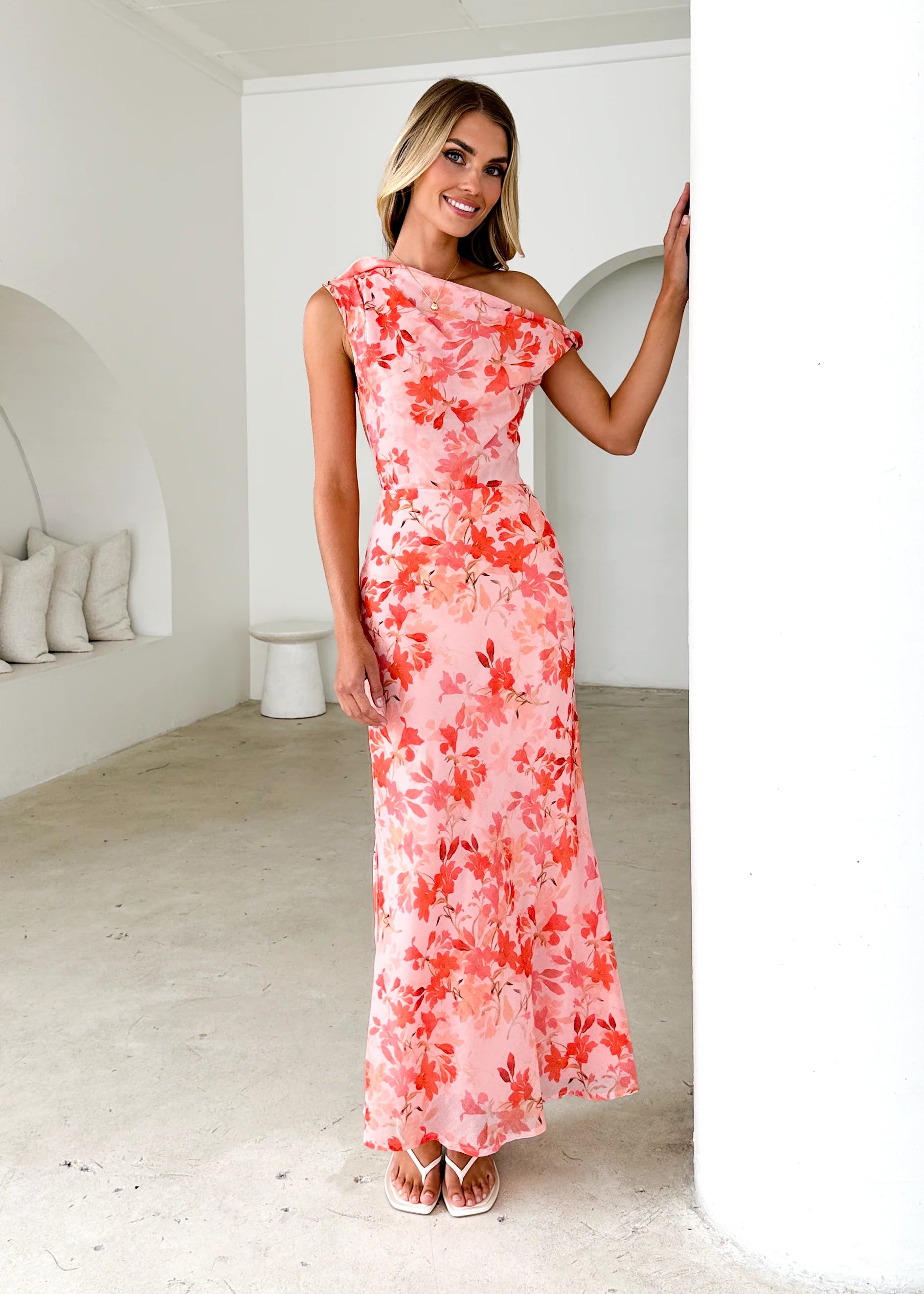 Grace One Shoulder Maxi Dress - Peach Floral