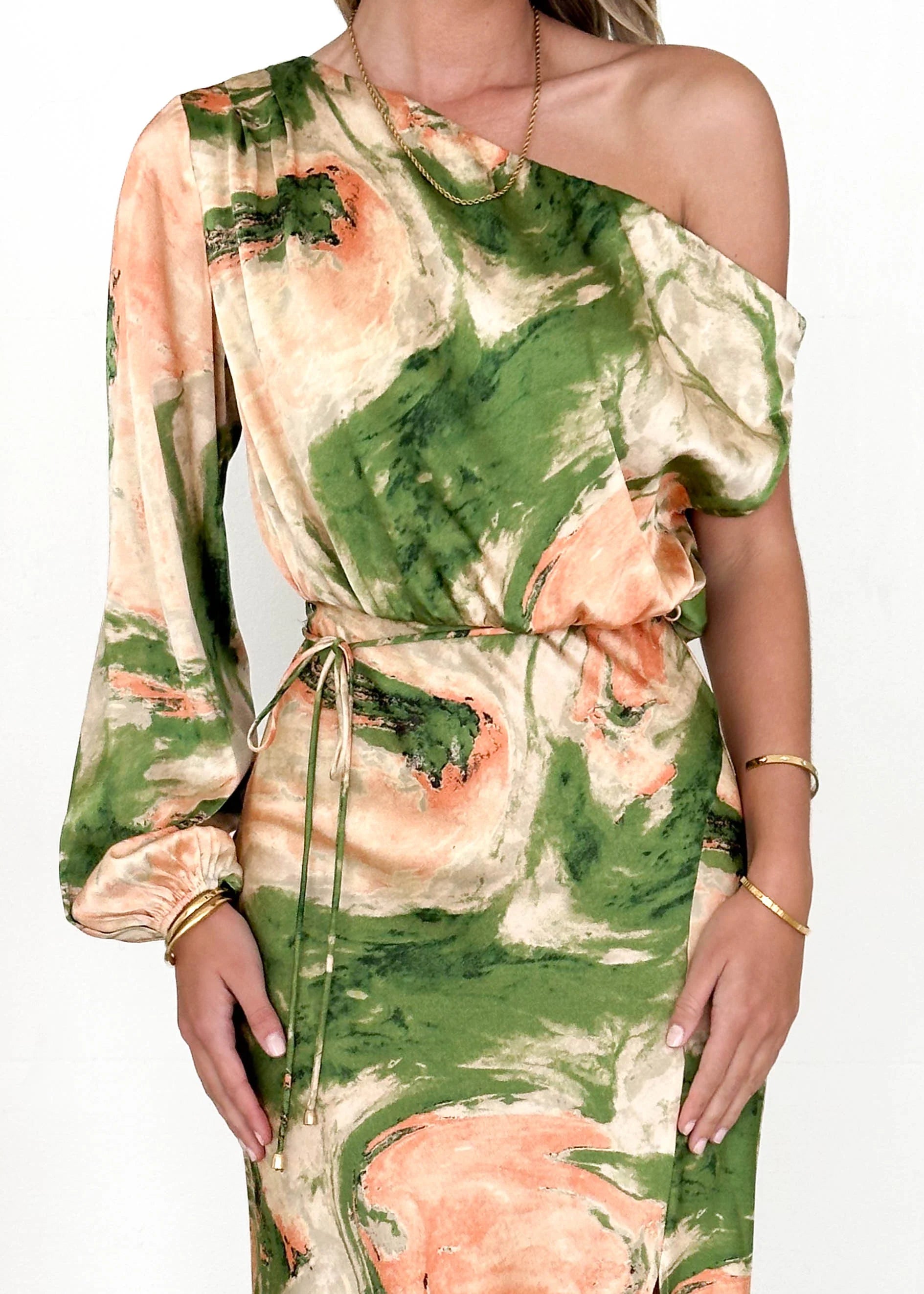 Elanor One Shoulder Midi Dress - Green Splash