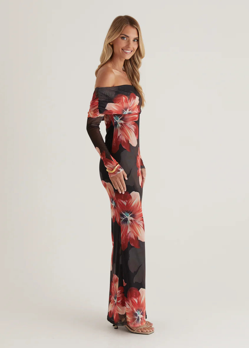 Sienna Mesh Off Shoulder Maxi Dress - Red Floral