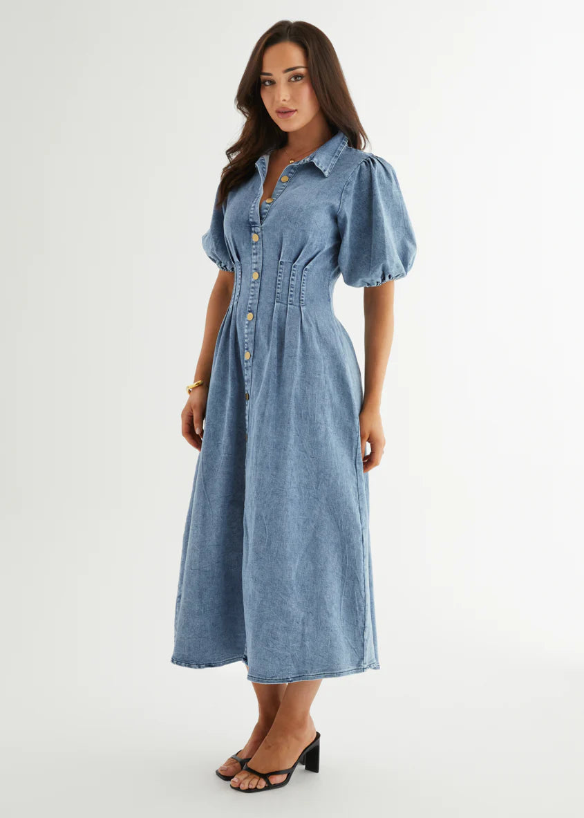 Yves Stretch Denim Midi Dress - Washed Blue