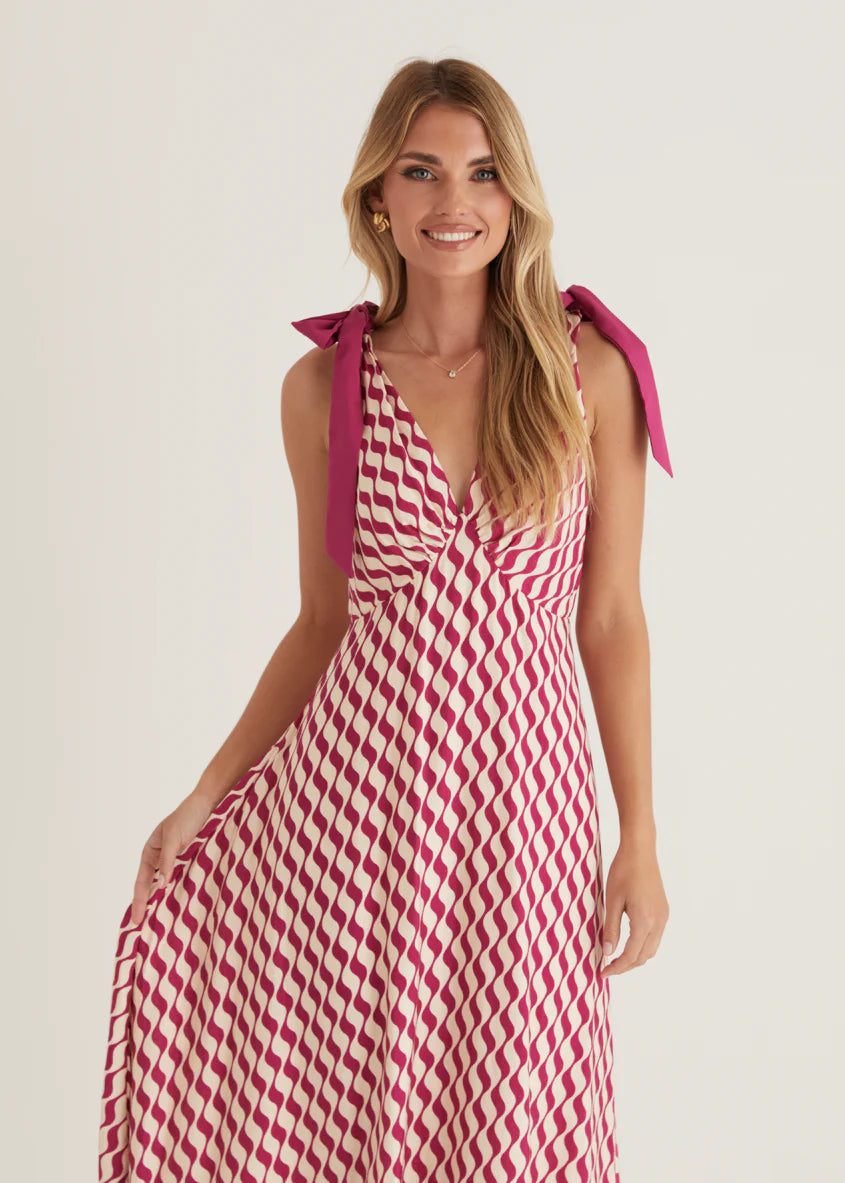 Havannah Tie Midi Dress - Magenta Wave
