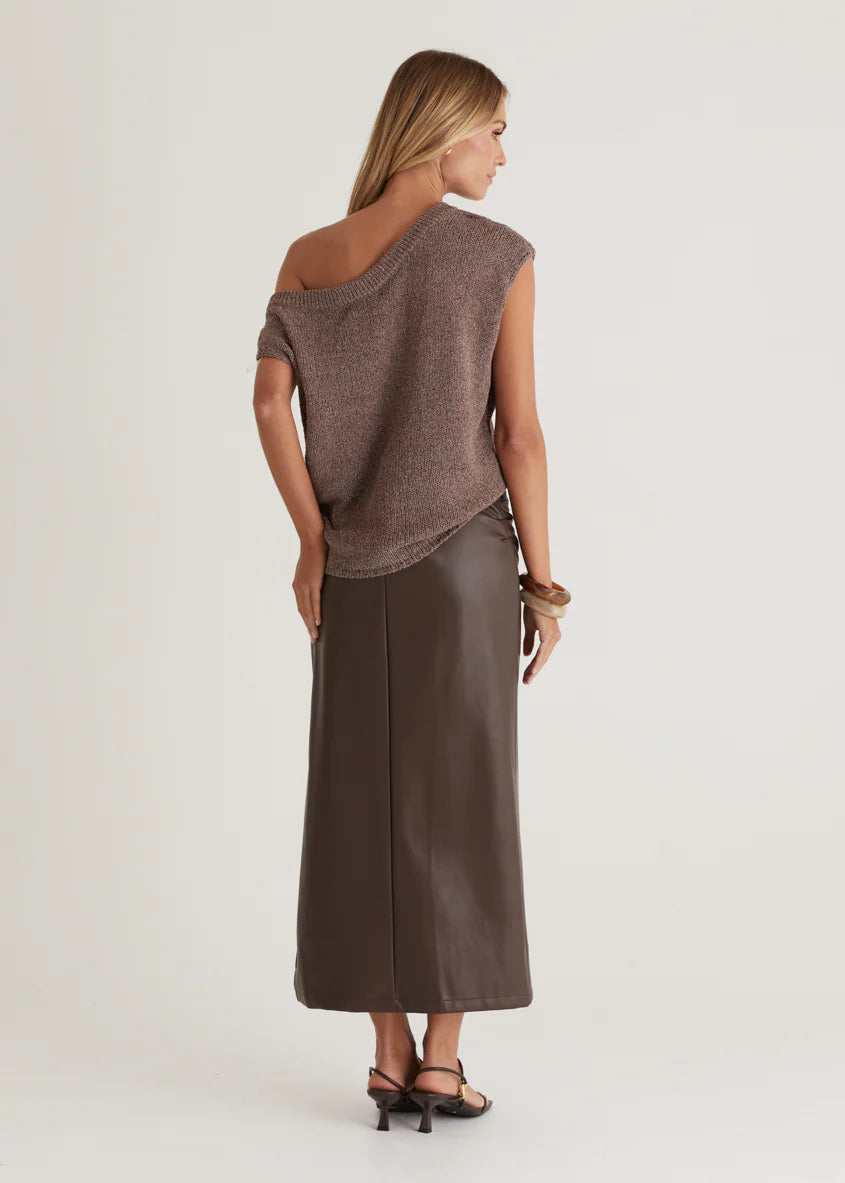 Casoni One Shoulder Knit Top - Choc