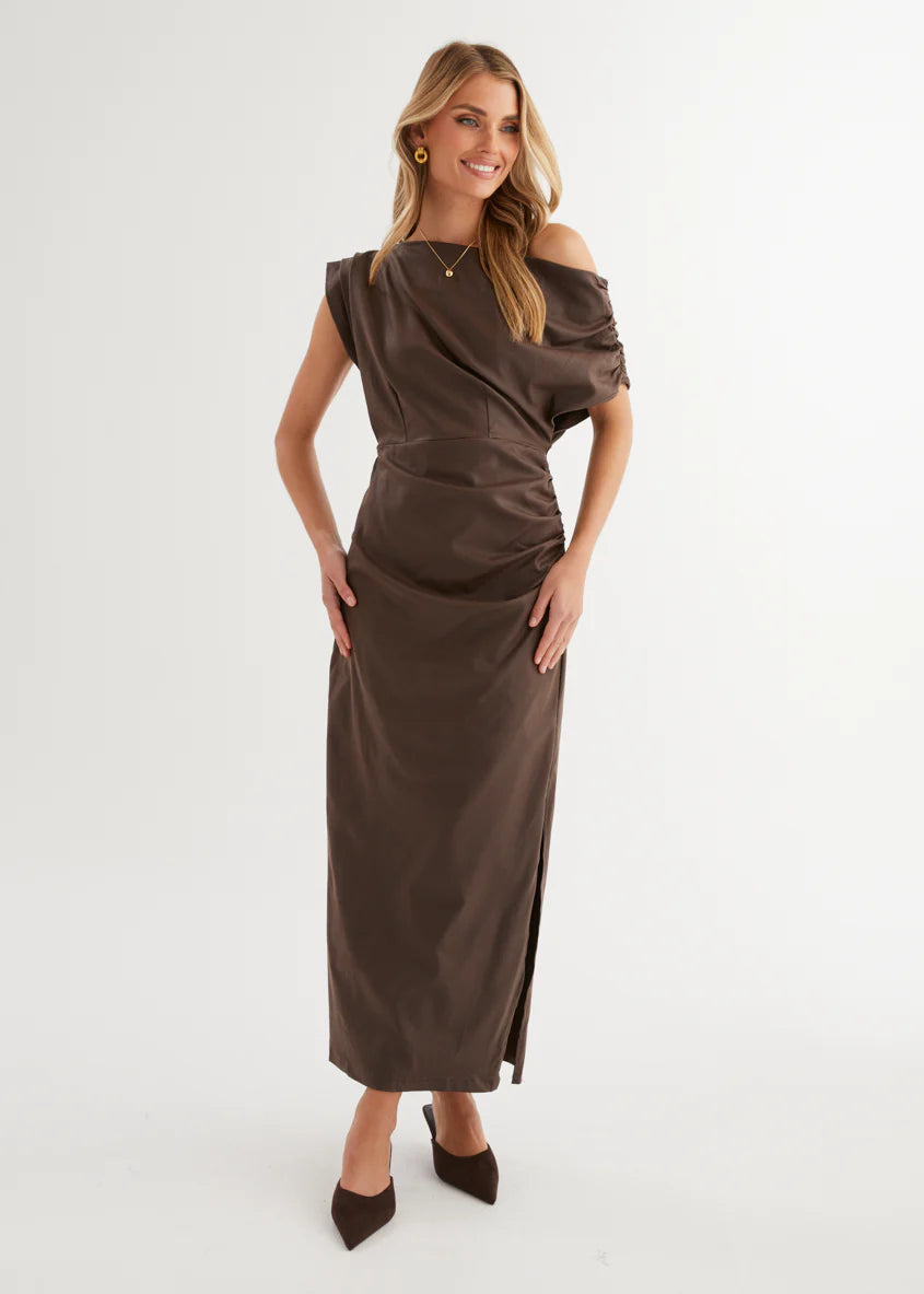 Estro Coated Midi Dress - Chocolate