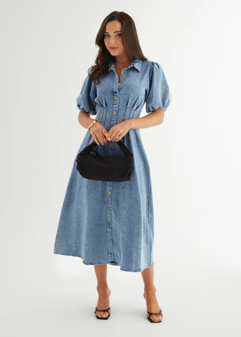 Yves Stretch Denim Midi Dress - Washed Blue