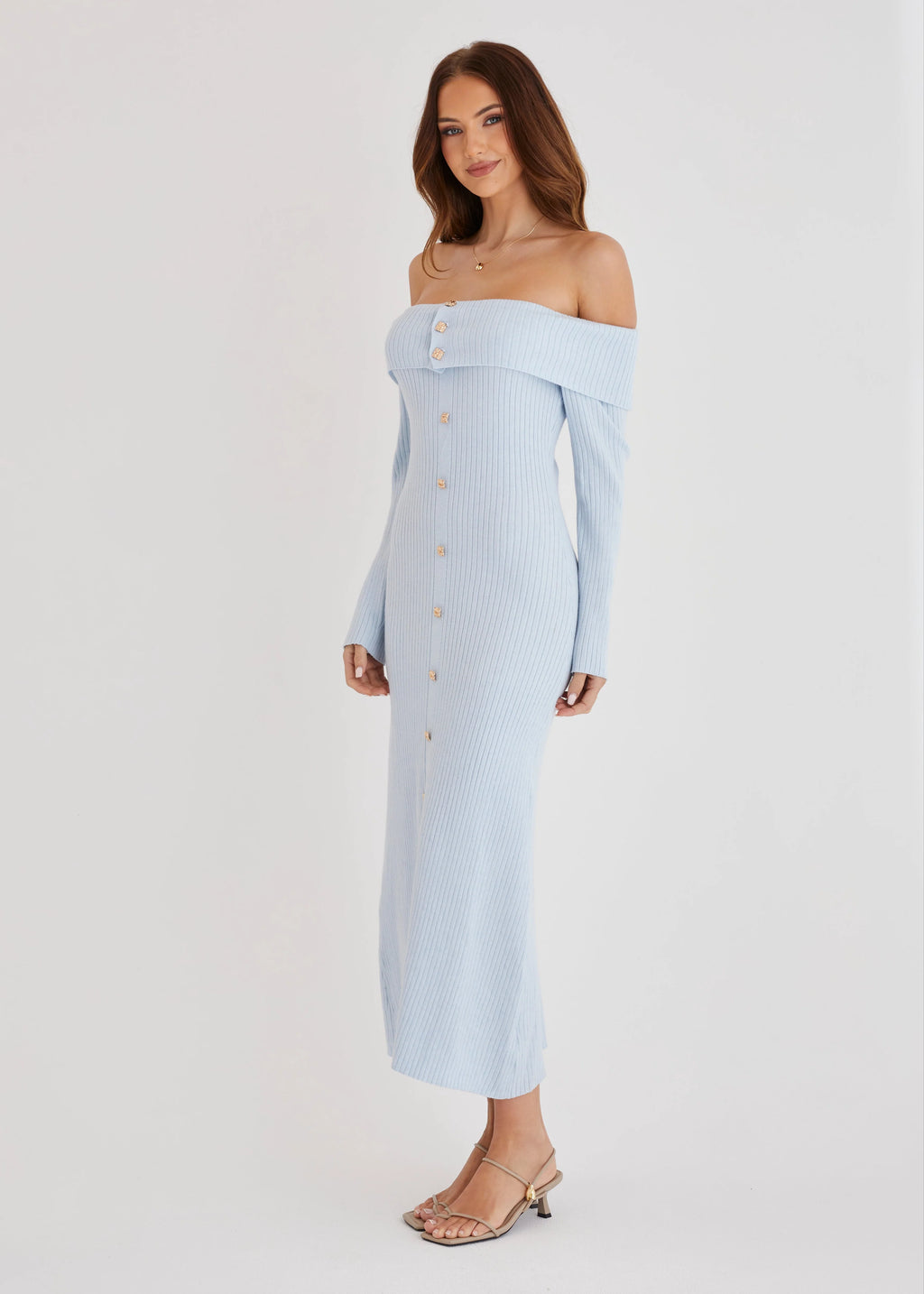 Aloe Off Shoulder Knit Maxi Dress - Powder Blue