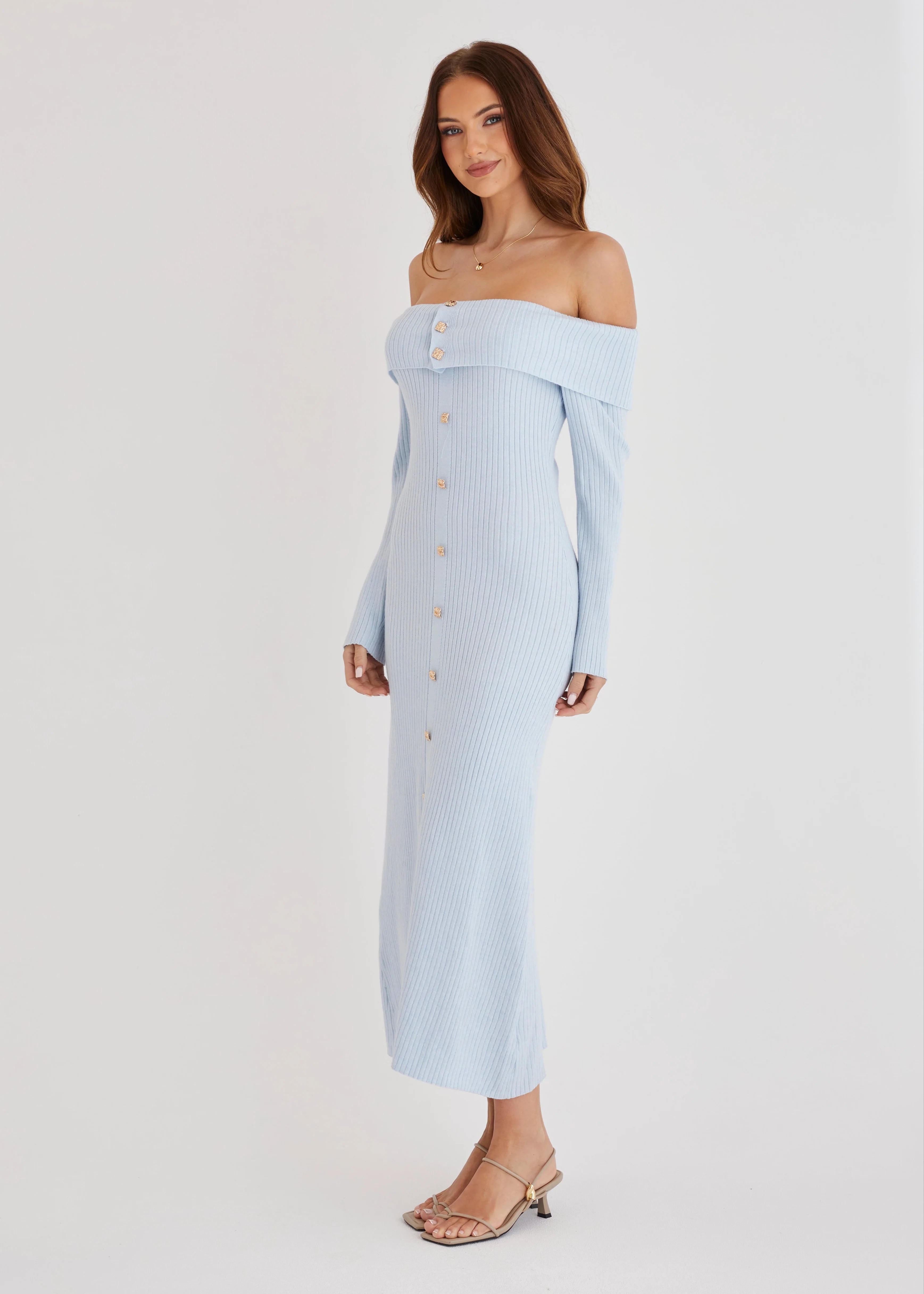 Aloe Off Shoulder Knit Maxi Dress - Powder Blue