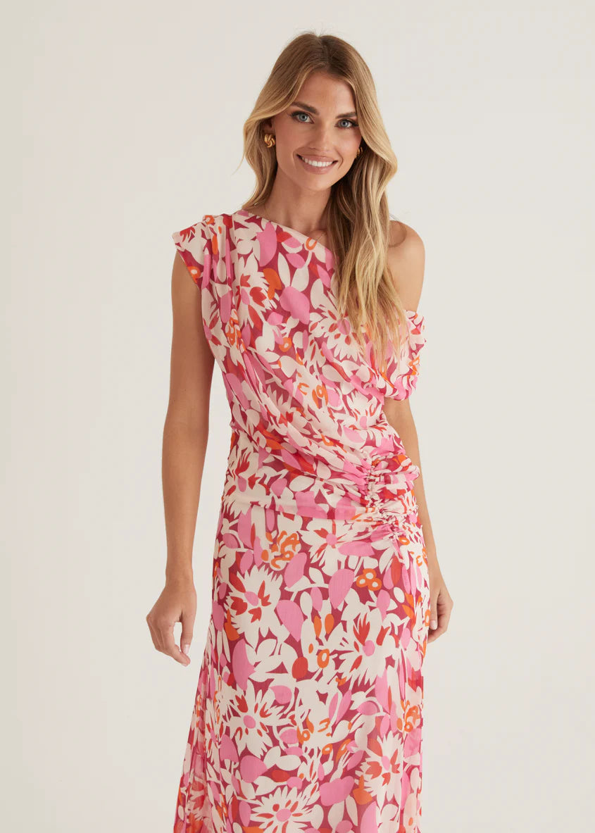 Helix Off Shoulder Midi Dress - Rio Pink