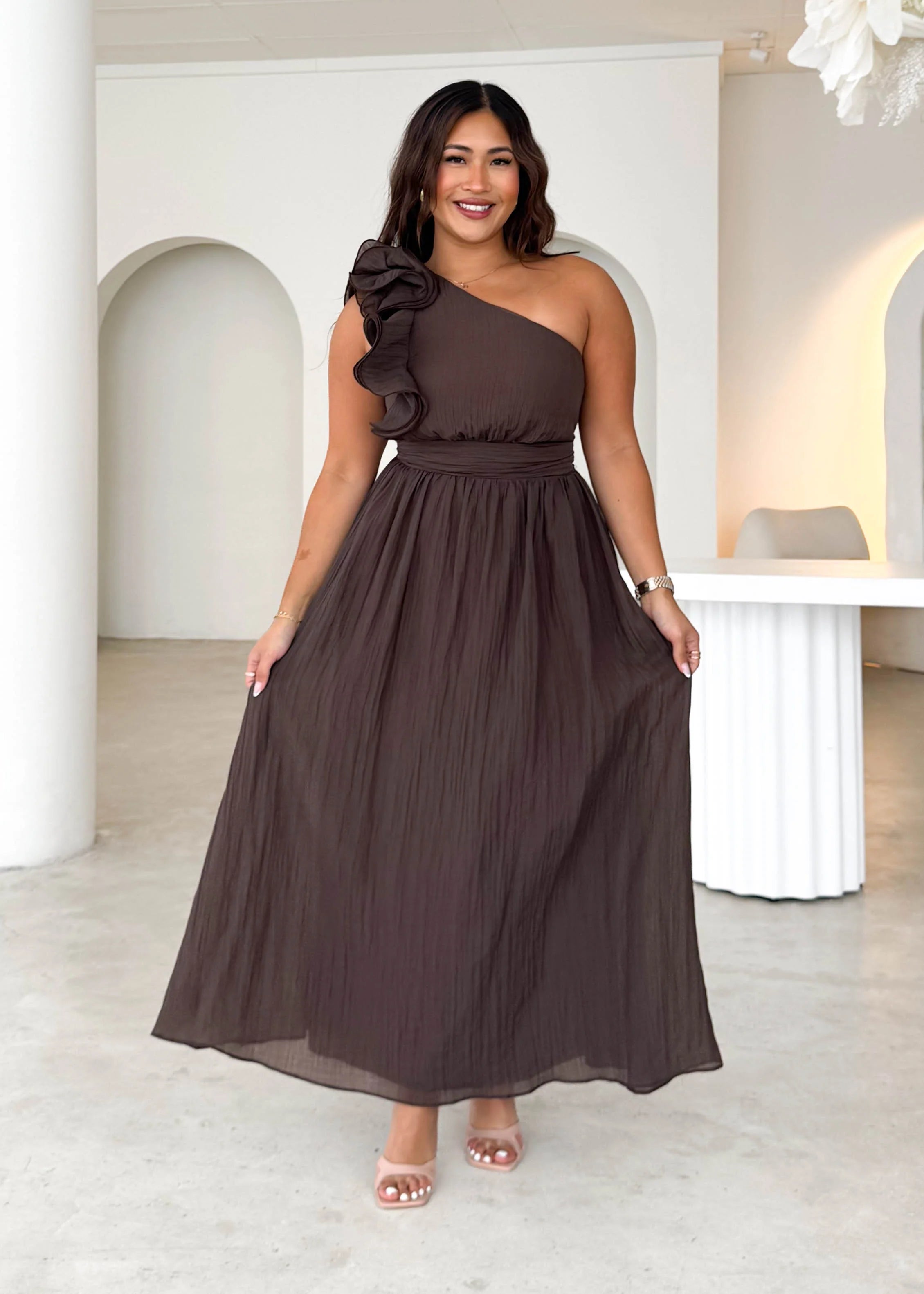 Iksie One Shoulder Maxi Dress - Chocolate