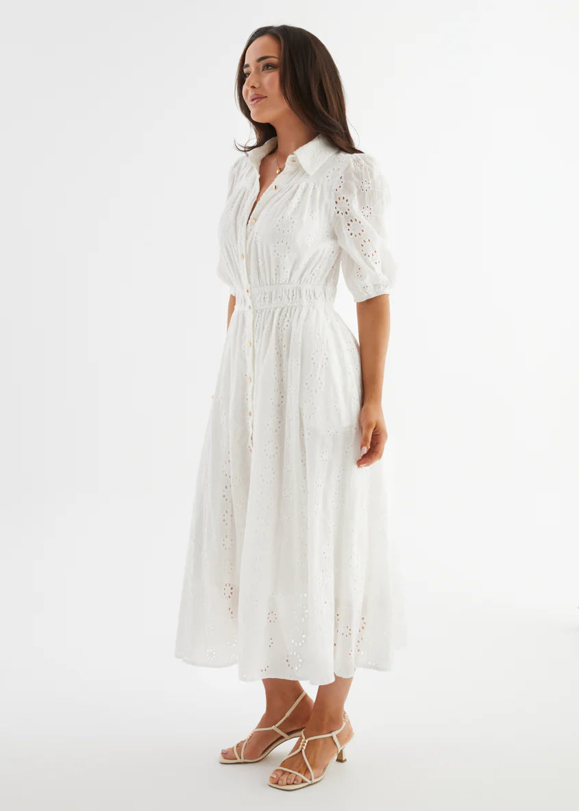 Eryn Midi Dress - White Anglaise