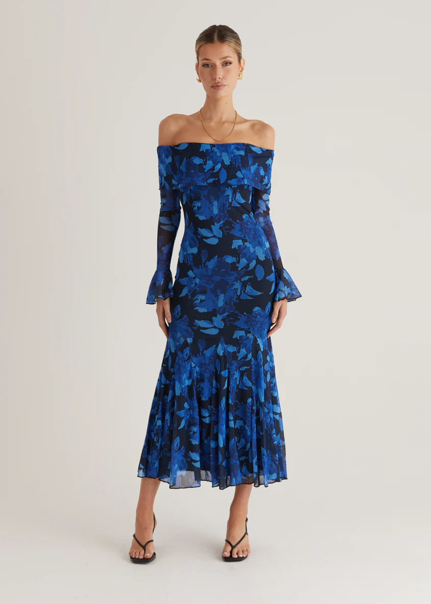 Linier Off Shoulder Mesh  Maxi Dress - Blue Floral