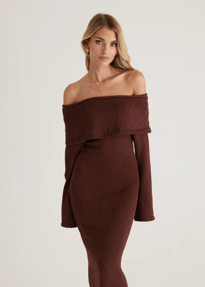 Sky Off Shoulder Knit Midi Dress - Chocolate