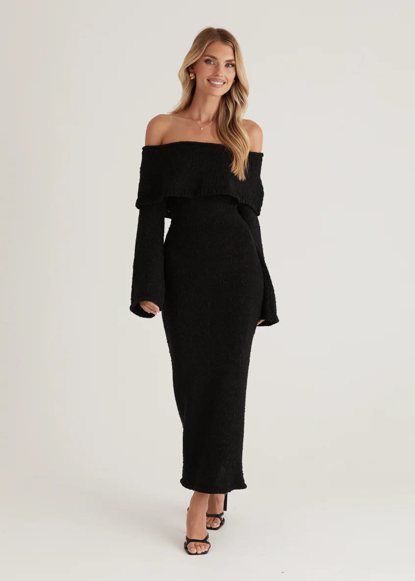 Sky Off Shoulder Knit Midi Dress - Black
