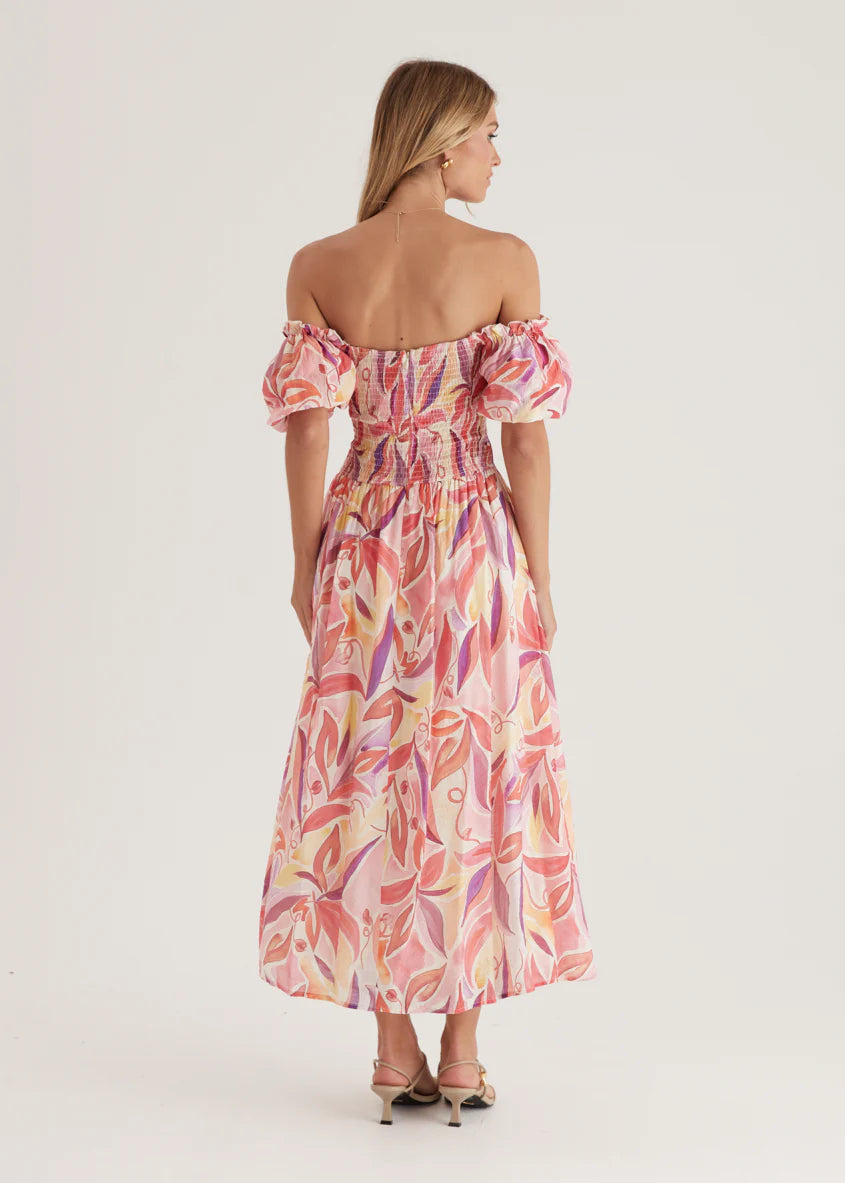 Bolero Off Shoulder Maxi Dress - Pink Abstract