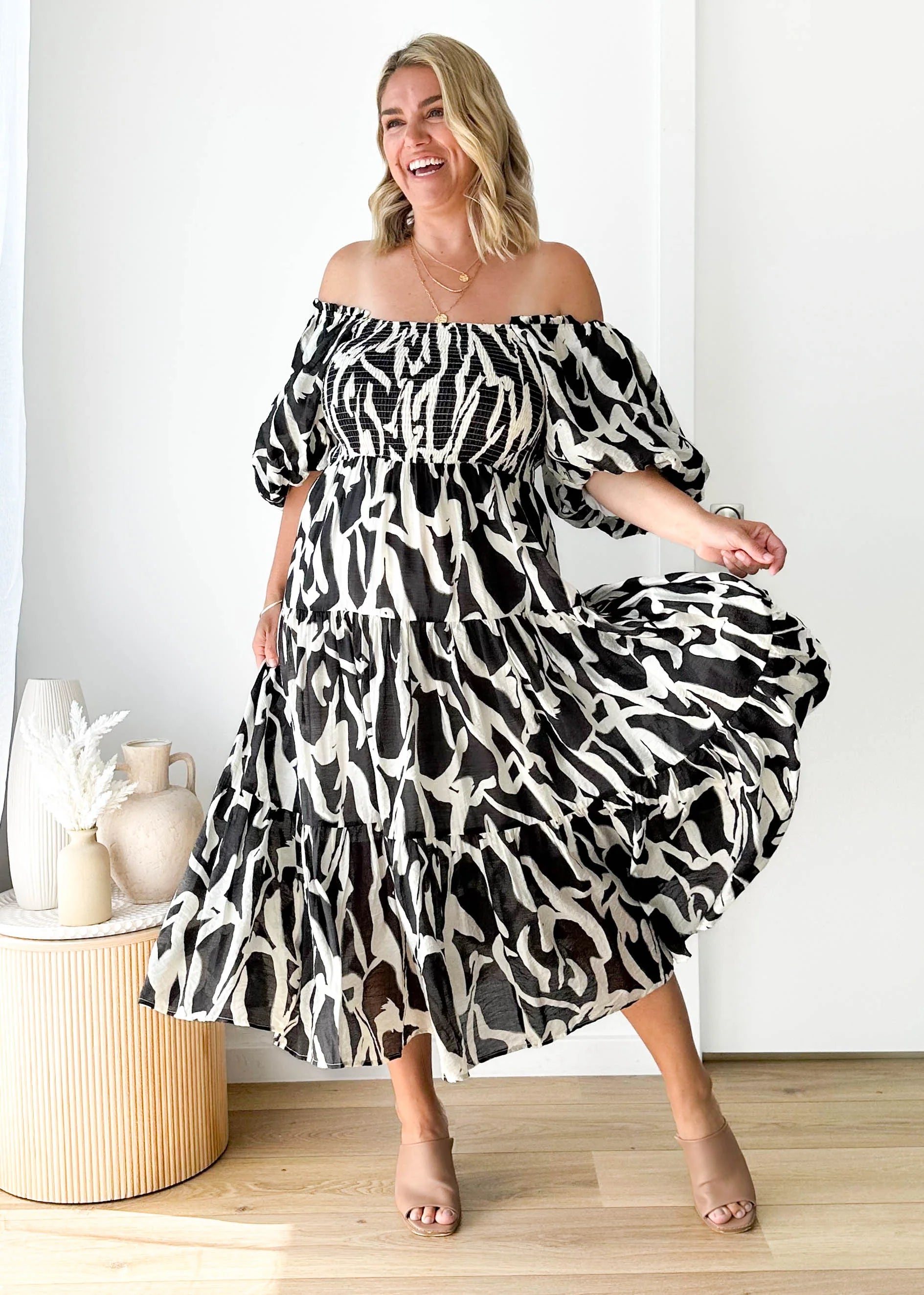 Irma Off Shoulder Midi Dress - Black Abstract