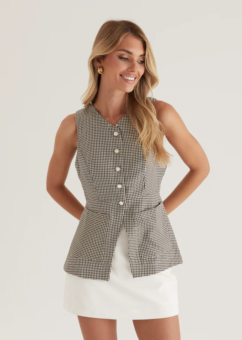 Zurich Vest Top - Brown Check